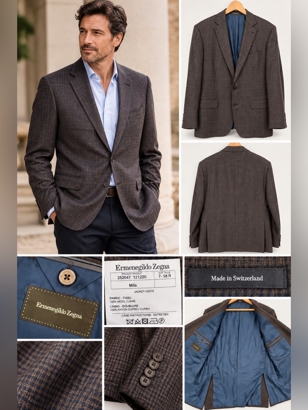 Ermenegildo Zegna Mila Wool Plaid Sport Coat Blazer 58R/US 48R Switzerland Brown - Picture 16 of 16